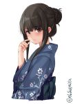  1girl alternate_costume alternate_hairstyle blush brown_eyes brown_hair closed_mouth ebifurya floral_print hair_bun hatsuyuki_(kantai_collection) highres japanese_clothes kantai_collection kimono light_blush long_hair looking_at_viewer sash twitter_username upper_body white_background wide_sleeves yukata 