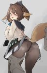  1girl animal_ears arknights ass belt black_legwear black_panties black_skirt blush bow brown_eyes brown_hair commentary cowboy_shot diagonal-striped_bow disembodied_limb embarrassed eyebrows_visible_through_hair fox_ears fox_tail from_behind grey_background hair_between_eyes hair_bow highres looking_back medium_hair mikojin miniskirt open_mouth panties panties_under_pantyhose pantyhose partially_visible_vulva perfumer_(arknights) ponytail sailor_collar shirt simple_background skirt solo_focus steaming_body striped striped_bow sweatdrop tail tail_grab test_tube thigh_grab thong underwear wedgie white_shirt 