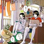  1boy 1girl apartment barefoot basket black_eyes black_hair blanket blush cabinet clothes_hanger colored_skin couch curtained_hair emamemamo33 fingernails flower full_body half-closed_eyes highres holding holding_pillow indoors iridescent_hair jar kettle kitchen ladle lamp original pillow railing red_shirt rug shelf shirt short_hair shorts side-by-side signature slice_of_life socks spatula speech_bubble sunset tank_top tile_wall tiles tissue tissue_box toenails translated unworn_socks vase veranda white_skin window wooden_floor 