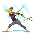 action_pose angry anthro arnis barefoot belt bottomwear bracelet claws clothing collar denim denim_bottomwear denim_clothing digital_drawing_(artwork) digital_media_(artwork) feet felid feline female full-length_portrait fur green_eyes head_tuft holding_object holding_weapon jeans jersey jewelry long_sleeves mammal markings pants pepper_(ruffu) portrait pose ruffu shirt side_view simple_background solo spiked_bracelet spikes spots spotted_body spotted_fur spotted_markings toe_claws topwear torn_bottomwear torn_clothing torn_jeans torn_pants tuft weapon yellow_body yellow_fur