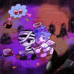  2boys alternate_costume angel angel_wings antenna_hair barefoot basil_(headspace)_(omori) basil_(omori) basket black_eyes black_hair black_socks black_tank_top bluecloud_(omori) cake cat chibi chibi_only closed_mouth colored_skin double-parted_bangs expressionless fake_halo fake_wings food green_eyes green_hair hair_between_eyes halo happy_halloween head_wreath holding holding_basket holding_hands knife looking_at_viewer male_focus mewo multiple_boys mummy_costume omori open_mouth short_hair shorts sidelocks socks striped_clothes striped_shorts sun_iiinu sunny_(omori) tank_top vertical-striped_clothes vertical-striped_shorts white_shorts white_skin wings 