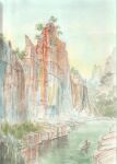  1other ambiguous_gender boat cliff commentary_request day highres landscape original outdoors painting_(medium) paruperu river scenery traditional_media very_wide_shot watercolor_(medium) watercraft 