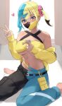  1girl absurdres amayo_thranana aqua_hair bandeau bare_shoulders black_hair black_pants blonde_hair blue_eyes blue_nails blue_pants breasts canari_(pokemon) commentary_request dark-skinned_female dark_skin highres looking_at_viewer mask midriff mouth_mask multicolored_hair multicolored_nails navel pants pokemon pokemon_legends:_z-a sitting solo tan two-tone_mask two-tone_pants underboob v yellow_bandeau yellow_nails 