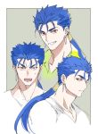  1boy alternate_costume blue_hair chest collage cropped_shoulders cropped_torso cu_chulainn_(fate)_(all) earrings emya fate/grand_order fate/stay_night fate_(series) jewelry lancer male_focus multiple_views muscle pectorals ponytail red_eyes sketch sweatdrop 