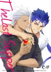  2boys alternate_costume archer arm_around_shoulder blue_hair casual chest cover cover_page cu_chulainn_(fate)_(all) dark_skin dark_skinned_male doujin_cover doujinshi earrings emya english_text fate/grand_order fate/stay_night fate_(series) food fruit grey_eyes jewelry lancer long_hair male_focus multiple_boys muscle peach red_eyes short_hair smirk white_hair yaoi 