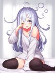  1girl bangs bed black_legwear blue_eyes blush hibiki_(kantai_collection) highres kantai_collection long_hair long_sleeves messy_hair off_shoulder on_bed one_eye_closed open_mouth reitou_mikan rubbing_eyes shirt sidelocks silver_hair sitting sitting_on_bed solo tears thighhighs waking_up white_shirt 
