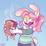 2020 anthro blue_background breasts clothing digital_media_(artwork) female food green_clothing green_shirt green_topwear grilled_cheese hair holding_food holding_object holding_sandwich keffotin lagomorph leporid mammal open_mouth pink_hair ponytail purple_eyes rabbit sandwich_(food) shirt simple_background smile soleil_(keffotin) solo tail tongue tongue_out topwear trans_(lore) trans_woman_(lore)