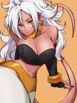  1girl android_21 black_nails bracelet breasts choker cleavage collarbone dragon_ball dragon_ball_fighterz earrings hoop_earrings jewelry kemachiku large_breasts long_hair looking_at_viewer majin_android_21 midriff nail_polish navel orange_background red_skin simple_background solo tail white_hair yellow_choker 