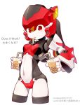  1girl bingshan breasts bubble_tea bubble_tea_challenge english_text highres looking_down magic_henshin navel no_humans official_art red_eyes robot scarlet_sonic second-party_source small_breasts solo you&#039;re_doing_it_wrong 