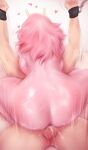  1boy 1girl ashido_mina ass back backboob boku_no_hero_academia bound bound_wrists breasts colored_skin commentary completely_nude english_commentary girl_on_top heart highres horns large_breasts long_hair median_furrow motion_lines nude pink_hair pink_skin sex shpo solo_focus spread_legs testicles thighs uncensored white_background yellow_horns 
