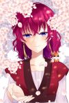  1girl akatsuki_no_yona bangs blue_eyes closed_mouth collarbone eyebrows_visible_through_hair flower hair_between_eyes highres long_sleeves looking_at_viewer mm_uw red_hair short_hair solo upper_body white_flower yona_(akatsuki_no_yona) 