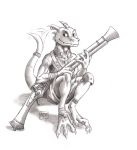  0laffson 2020 4_fingers 4_toes anthro fingers gun hi_res holding_gun holding_object holding_weapon kobold male ranged_weapon sitting smile solo toes traditional_media_(artwork) weapon 