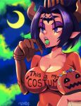  1girl black_hair blue_eyes breasts cleavage crescent_moon demon_girl demon_horns digimon digimon_(creature) english_text eyeshadow facial_mark forehead_mark halloween horns large_breasts lilithmon makeup mole mole_under_eye moon nervous_sweating orange_shirt print_shirt pumpmon purple_eyeshadow purple_lips shirt solo supermondobeat sweat text_print upper_body 