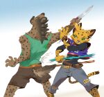 action_pose angry anthro arnis attack belt bottomwear clenched_teeth clothing denim denim_bottomwear denim_clothing denim_shorts digital_drawing_(artwork) digital_media_(artwork) duo ear_piercing ear_ring felid feline female fluffy fluffy_tail green_eyes head_tuft hitting_another holding_object holding_weapon hyena impact_lines jersey knife long_sleeves long_tail male mammal markings mohawk motion_lines pepper_(ruffu) piercing pointy_ears pose rear_view ring_piercing ruffu shirt shorts simple_background spots spotted_body spotted_markings tail tank_top teeth topwear torn_bottomwear torn_clothing torn_shorts tuft unnamed_character weapon
