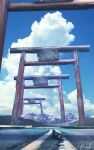 1other ambiguous_gender artist_name blue_sky chinese_commentary cloud cloudy_sky commentary_request dated day highres kinoko_no_sato mountainous_horizon multiple_torii original outdoors oversized_object road scenery signature sky torii very_wide_shot 