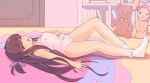  1girl bedroom bobby_socks bow bow_camisole bow_panties camisole closed_eyes commentary_request commission crotch_seam hair_ribbon hand_on_own_stomach indoors kai_ooo1 long_hair lying on_back on_floor open_mouth original panties partial_commentary pink_camisole pink_panties purple_ribbon ribbon skeb_commission socks solo stuffed_animal stuffed_rabbit stuffed_toy teddy_bear underwear underwear_only very_long_hair white_socks 