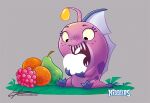 anglerfish antennae_(anatomy) apple apple_inc. coral_(nibblers) dorsal_fin eyebrows eyelashes fangs female female_feral feral fin fish food freckled_face freckles fruit fruit_nibblers grey_background illicium laisanen marine markings navy_body orange_(fruit) pear plant purple_body raspberry rovio_entertainment sail_(anatomy) sega simple_background spots spotted_body teeth