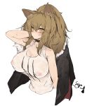  1girl arknights black_choker black_jacket blush breasts brown_hair character_name choker cleavage closed_mouth commentary covered_nipples eyebrows_visible_through_hair fur-trimmed_jacket fur_trim hair_between_eyes hand_in_hair highres holding holding_clothes holding_jacket jacket jacket_removed large_breasts long_hair looking_at_viewer mikojin nipples ponytail see-through siege_(arknights) simple_background sleeveless solo studded_choker sweat sweatdrop tank_top upper_body wet wet_clothes white_background white_tank_top yellow_eyes 
