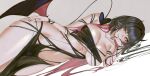  1girl animal_ears black_dress black_hair black_nails breasts cleavage commentary demon demon_costume demon_wings dress english_commentary green_eyes highres jane_doe_(zenless_zone_zero) large_breasts long_hair looking_at_viewer lying midriff mouse_ears mouse_girl mouse_tail multicolored_hair on_side red_hair revealing_clothes s7nsles solo tail thighs two-tone_hair wings zenless_zone_zero 