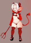 2025 5_fingers 5_toes albino bandeau bianca_(nerdbayne) clothed clothing colored_nails costume devil_costume fake_horns fake_tail feet female fingers flat_chested footwear goblin hair harness hi_res hood humanoid humanoid_pointy_ears legwear midriff nails navel nerdbayne not_furry occult_symbol open_mouth open_smile pale_body pale_skin panties pear-shaped_figure pentagram pentagram_harness pitchfork platform_footwear pointy_ears pointy_nose red_background red_eyes red_nails sharp_teeth shoulder_pads simple_background smile solo spade_tail spiked_clothing spiked_footwear spiked_shoulder_pads spiked_tailband spikes standing stockings symbol tail teeth thick_thighs toes tools topwear underwear white_hair wide_hips