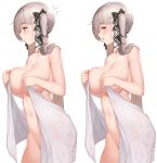  1girl after_bathing azur_lane bangs blush breasts btraphen cleavage covering_nipples eyebrows_visible_through_hair formidable_(azur_lane) grey_hair groin hair_ribbon highres holding holding_towel large_breasts long_hair looking_at_viewer navel nude open_mouth red_eyes ribbon simple_background towel twintails two-tone_ribbon very_long_hair wet white_background 