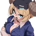  1girl animal_ears black_hair blonde_hair blue_eyes breasts choker cleavage cow_ears cow_girl cow_horns elbow_gloves extra_ears fingerless_gloves gloves gyumaou_(kemono_friends) hair_ornament hairpin highres horns jacket kemono_friends large_breasts looking_at_viewer mcgunngu short_hair simple_background solo upper_body 