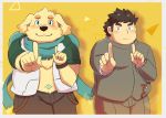  2020 anthro belly blush bottomwear canid canine canis chubby_protagonist_(tas) clothing cu_sith_(tas) domestic_dog duo hi_res hoodie human humanoid_hands kemono male mammal overweight overweight_male pants protagonist_(tas) scarf shimo_kawa shirt tokyo_afterschool_summoners topwear video_games 