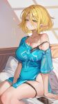  1girl black_bra blonde_hair blue_tunic bra breasts champion's_tunic_(zelda) commentary_request green_eyes highres indoors large_breasts messy_hair panties_around_thighs pointy_ears princess_zelda short_hair shuri_(84k) solo strap_slip the_legend_of_zelda the_legend_of_zelda:_tears_of_the_kingdom tunic underwear waking_up 