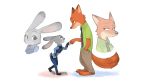  absurd_res anthro barefoot bottomwear canid canine chu_twst clothed clothing disney duo eye_contact female fist_bump fox fully_clothed fur gesture grey_body grey_fur hi_res judy_hopps lagomorph leporid looking_at_another male mammal necktie nick_wilde open_mouth open_smile orange_body orange_fur pants police_uniform rabbit red_fox shirt side_view simple_background smile standing topwear uniform white_background zootopia 