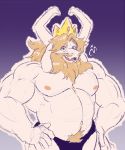 5_fingers anthro asgore_dreemurr black_clothing black_underwear blonde_hair blue_eyes boss_monster bovid caprine clothed clothing crown facial_hair fingers gradient_background hair hands_on_hips hi_res horn looking_at_viewer male mammal muscular muscular_anthro muscular_male nipples open_mouth pecs pubes simple_background solo steven_ciervyena topless undertale underwear video_games 