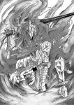  1boy 913kousatu absurdres armor armored_boots artorias_the_abysswalker boots cape commentary_request dark_souls_(series) dark_souls_i full_body gauntlets greyscale helm helmet highres holding holding_sword holding_weapon knight male_focus monochrome pauldrons plume shoulder_armor solo squatting sword torn_cape torn_clothes weapon 
