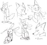  absurd_res anthro black_and_white bottomwear canid canine chu_twst clothed clothing disney duo female food fox fully_clothed fur hi_res hug japanese_text judy_hopps lagomorph leporid male mammal monochrome necktie nick_wilde one_eye_closed open_mouth open_smile pants pawpsicle popsicle rabbit red_fox shirt simple_background smile standing text topwear white_background wink zootopia 