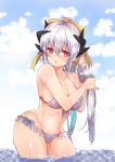  1girl bare_shoulders bikini blush bow breasts cleavage cloud collarbone eyebrows_visible_through_hair fate/grand_order fate_(series) frilled_bikini frills hair_between_eyes hair_bow horns kiyohime_(fate/grand_order) kiyohime_(swimsuit_lancer)_(fate) large_breasts long_hair looking_at_viewer looking_to_the_side mamemix navel ocean open_mouth outdoors partially_submerged ponytail sky solo swimsuit very_long_hair wet wet_hair 