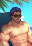  1boy abs alex_(cerealex) bara beach beard blue_eyes blue_hair chest chest_hair close-up facial_hair fire_emblem fire_emblem_heroes hector_(fire_emblem) highres looking_at_viewer male_focus manly muscle nipples older pectorals shirtless smile solo summer sunglasses 