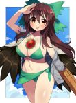  bikini bird_wings black_wings blush breasts brown_eyes brown_hair cape cloud_background control_rod framed green_bikini happy highres jacket large_breasts long_hair navel off_shoulder reiuji_utsuho sakaki_(utigi) sarong stomach swimsuit third_eye touhou track_jacket white_cape wings 