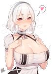  1girl absurdres anchor_choker azur_lane band-width bangs black_dress blush breasts cleavage cum cum_on_body cum_on_breasts cum_on_upper_body dress eyebrows_visible_through_hair eyelashes facial hair_between_eyes hair_intakes hairband hand_up heart heart_eyes heart_print highres large_breasts light_smile looking_at_viewer open_mouth puffy_short_sleeves puffy_sleeves red_eyes short_hair short_sleeves signature simple_background sirius_(azur_lane) solo tareme upper_body white_background white_dress white_hair 