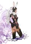  1girl animal_ears ass black_helmet breasts closed_mouth dark-skinned_female dark_skin ears_through_headwear final_fantasy final_fantasy_xii fran_(ff12) helmet long_hair ponytail rabbit_ears red_eyes ruka_(blueplus84) small_breasts solo viera white_hair 