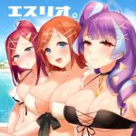  3girls bikini blue_eyes breasts hair_bun kaname_buccaneer large_breasts long_hair looking_at_viewer lowres macross macross_delta medium_breasts mikumo_guynemer mirage_farina_jenius multiple_girls open_mouth pointy_ears purple_hair red_eyes red_hair sasanoneko short_hair smile swimsuit 