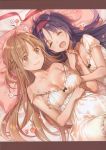  2girls :d ^_^ absurdres ahoge asuna_(sao) bangs bare_arms bare_shoulders bed_sheet blush bow breasts brown_eyes brown_hair cleavage closed_eyes collarbone dress dsmile eyebrows_visible_through_hair fingernails flower from_above hairband highres holding_hands interlocked_fingers lips long_hair lying medium_breasts multiple_girls off_shoulder on_back on_side open_mouth petals pillow puffy_short_sleeves puffy_sleeves purple_hair purple_hairband scan shiny shiny_hair shiny_skin short_dress short_sleeves simple_background sleeveless sleeveless_dress small_breasts smile sword_art_online very_long_hair white_dress yuuki_(sao) 