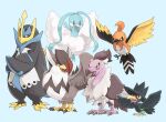  altaria bag bird black_eyes blue_background blue_eyes bright_pupils commentary_request crossed_arms empoleon eyelashes fletchinder full_body mandibuzz murkrow no_humans open_mouth pokemon pokemon_(creature) red_eyes satchel simple_background staraptor toudou122 white_pupils 