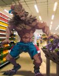 2015 2024 4_toes 5_fingers abs anthro areola arm_tuft artist_logo artist_name athletic_wear balls_outline biceps big_muscles biped black_claws black_nose blurred_background blurred_foreground bottomwear broad_shoulders brown_body brown_fur bulge canid canine cel_shading cheek_tuft chest_tuft chin_tuft claws clothed clothing container curled_fingers depth_of_field detailed_bulge digitigrade ear_piercing ear_tag ears_back eggplant elbow_tuft erection erection_in_pants erection_under_clothing facial_tuft falcrus fangs feet finger_claws fingers fluffy_fur food footwear forearm_muscles fruit fur genital_outline glowing glowing_eyes grocery_store gym_bottomwear gym_shorts head_tuft hi_res implied_transformation inside logo looking_at_food looking_at_object male mammal mane muscular muscular_anthro muscular_male mythological_canine mythological_creature mythology navel neck_tuft nipples open_mouth pawpads paws pecs penis_outline piercing pink_nipples pink_pawpads pivoted_ears plant pointy_ears public qr_code shaded shaggy_fur sharp_teeth shoes shorts snout solo standing teeth text toe_claws toes topless topless_anthro topless_male torn_bottomwear torn_clothing torn_shoes torn_shorts tuft vegetable warm_colors werecanid werecanine werecreature werewolf werewolf_of_fever_swamp yellow_eyes