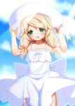  1girl arms_up blonde_hair cloud dress green_eyes hands_on_headwear hat highres hosizora_mikoto idolmaster idolmaster_cinderella_girls long_hair low_twintails open_mouth outdoors sky smile solo sun_hat sundress twintails white_dress white_headwear wind wind_lift yusa_kozue 
