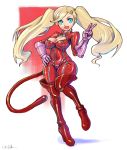  1girl blonde_hair blue_eyes bodysuit boots breasts gloves hair_ornament hairclip highres large_breasts looking_at_viewer oomasa_teikoku open_mouth persona persona_5 skin_tight solo takamaki_anne thick_thighs thigh_boots thighhighs thighs twintails v 