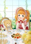  1girl :d absurdres blunt_bangs blurry blurry_background blush bonnet bow bug butterfly cake cake_slice chair checkerboard_cookie cookie cup desert dress eyebrows_hidden_by_hair flower food fork frilled_headwear frills green_eyes hands_on_own_chin highres idolmaster idolmaster_million_live! indoors lolita_fashion long_sleeves looking_at_viewer macaron open_mouth orange_hair plate puffy_sleeves sitting sizmaru11 smile solo stuffed_animal stuffed_toy table takatsuki_yayoi tea teacup teapot teddy_bear tiered_tray twintails utensil window 