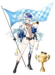  1girl :d absurdres alternate_costume asymmetrical_legwear bare_shoulders black_gloves black_skirt blue_eyes blue_hair blue_jacket blush boots breasts character_name clothes_pull commentary_request excited flag florence_(girls'_frontline_2) full_body girls'_frontline girls'_frontline_2:_exilium gloves hand_up happy heart heart-shaped_pupils high_heel_boots high_heels highres hip_focus holding holding_flag holding_medal jacket jacket_pull legs leotard long_hair microskirt navel nude off_shoulder open_clothes open_jacket pa-15_(girls'_frontline) race_queen romi_(9_romi_7) see-through_clothes see-through_midriff sideless_leotard single_thigh_boot skirt small_breasts smile solo sunglasses symbol-shaped_pupils thigh_boots thigh_strap thighs very_long_hair 