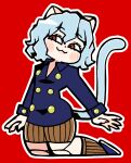  1girl :3 animal_ears bkub blue_hair blue_jacket blue_shoes blush_stickers brown_shorts brown_socks buttons cat_ears cat_girl cat_tail closed_mouth collared_jacket dot_nose double-breasted full_body highres hunter_x_hunter jacket kneeling long_sleeves neferpitou red_background red_eyes shoes short_hair shorts simple_background smile socks solo striped_clothes striped_shorts striped_socks tail vertical-striped_clothes vertical-striped_shorts vertical-striped_socks 
