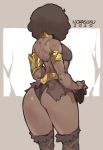  1girl 2020 afro armband armor ass back bare_shoulders bikini_armor black_hair breasts commentary cowboy_shot dark_skin diana_the_acrobat dungeons_and_dragons english_commentary flat_ass from_behind gorget highres loincloth norasuko older over-kneehighs sketch small_breasts solo thick_thighs thighhighs thighs toned very_dark_skin wide_hips 