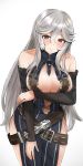  1girl absurdres bare_shoulders belt belt_buckle blush breasts brown_eyes buckle cleavage commentary_request cowboy_shot detached_sleeves granblue_fantasy hair_between_eyes highres holaa large_breasts long_hair looking_at_viewer magisa_(granblue_fantasy) simple_background smile solo white_background white_hair 