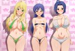  3girls absurdres ahoge areola_slip ass_visible_through_thighs bikini black_bikini blonde_hair blue_hair blush breasts brown_eyes closed_mouth commentary_request covered_nipples cowboy_shot female_pubic_hair furrowed_brow green_bikini green_eyes highres hoshii_miki idolmaster idolmaster_(classic) kisaragi_chihaya large_breasts large_variant_set long_hair looking_at_viewer miura_azusa multiple_girls navel open_mouth pubic_hair purple_eyes see-through_bikini see-through_clothes short_hair side-by-side side-tie_bikini_bottom small_breasts smile standing strapless strapless_bikini swimsuit variant_set yagiyama_hituzi 