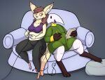 anthro canid canine clothed clothing duo eyelashes female fennec_fox fox furniture gaming hair hi_res holding_object impishhyena long_eyelashes looking_at_another male mammal miteling multicolored_body nara_(minty_flur) roi_(rockpankake) simple_background smile sofa true_fox two_tone_body white_body